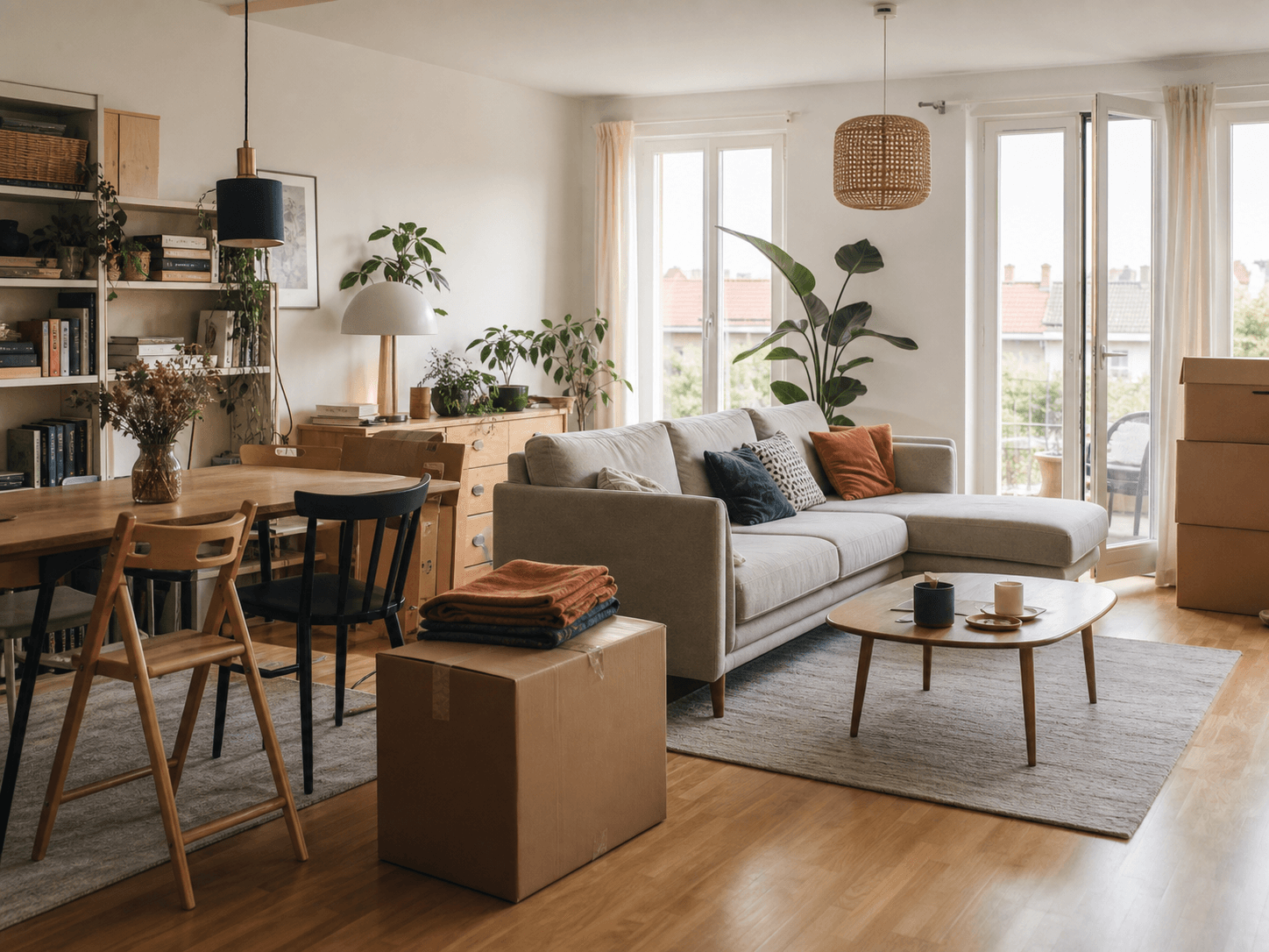 Möbliertes Wohnzimmer als Grundlage einer Umzugsaufnahme